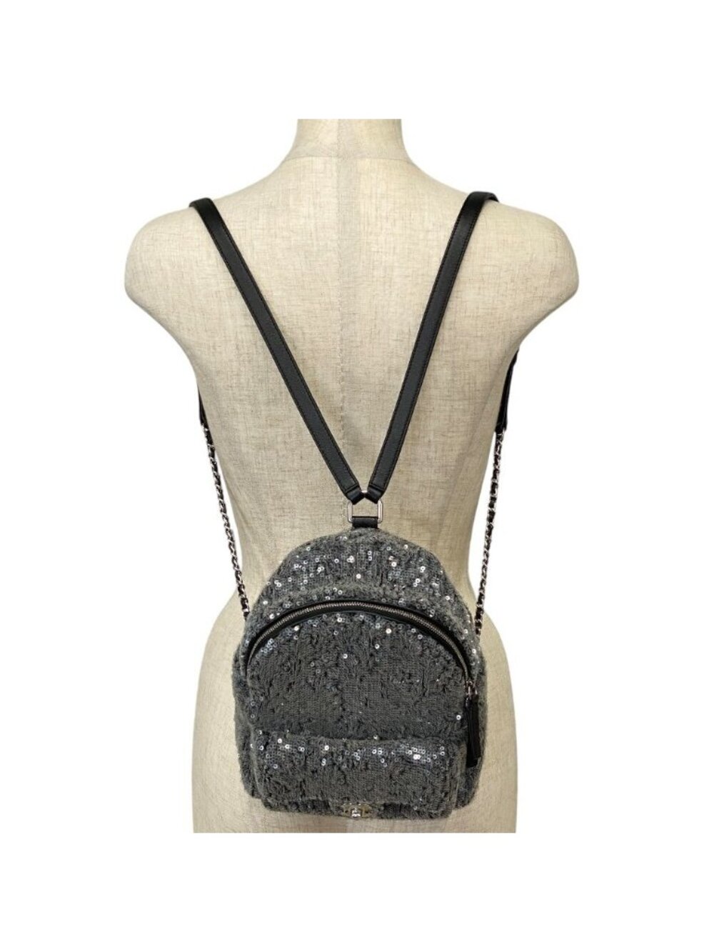 Chanel Sequin Waterfall Backpack CC Logo Gray Black Silver Lightweight Practical - Picture 10 of 10